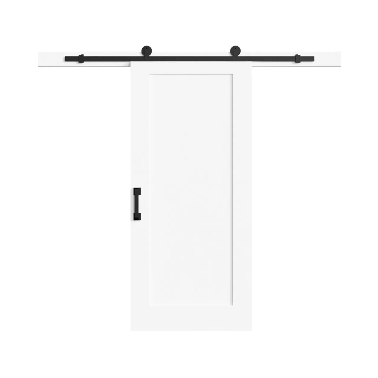 The Go Build 36 in. x 84 in. Lincoln Park primed barn door slab features a rectangular center panel, black handle, and metal track for easy installation and space-saving style, shown on a plain white background.